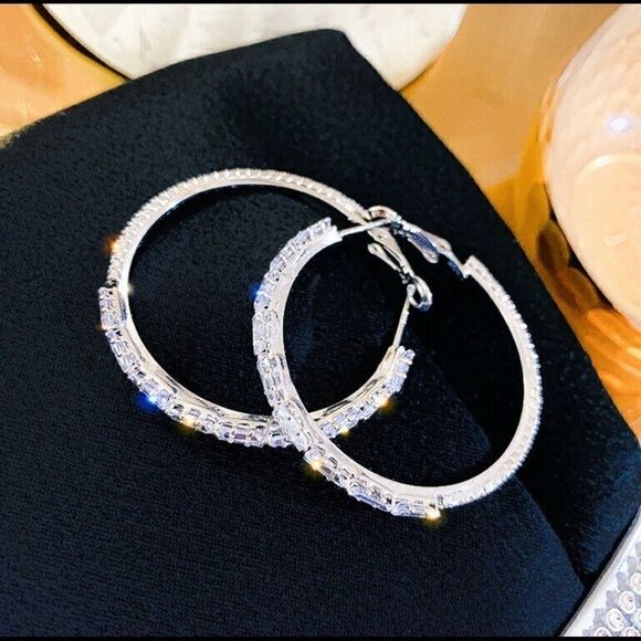 18kt White Gold PLATED CZ Diamond Hoop Earrings - Picture 3 of 9